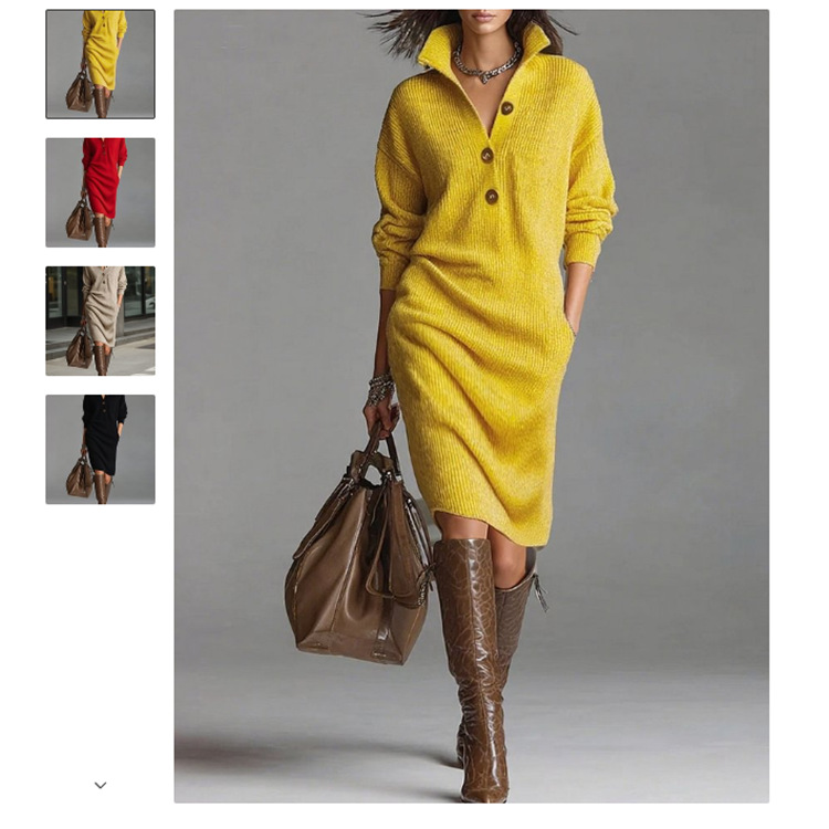 Women's Button-Front Collared Loose Straight Knit Midi Sweater Dress