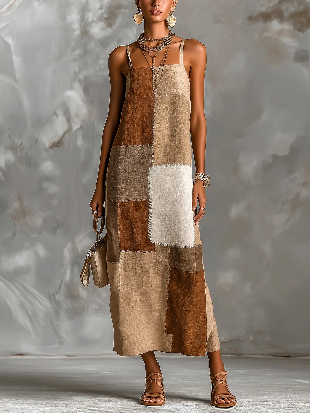 Retro Earth-Tone Color-Block Textured Sleeveless Midi Dress with Slit