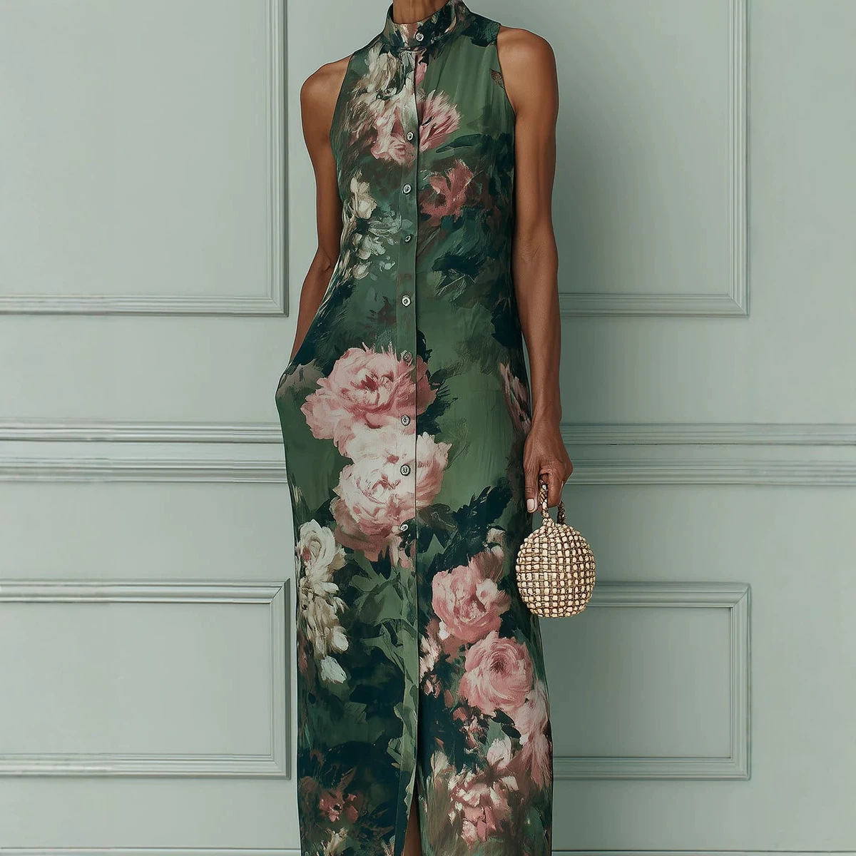 Vintage Dark Green Oil Painting Floral Halter Sleeveless Dress Button Slit Long