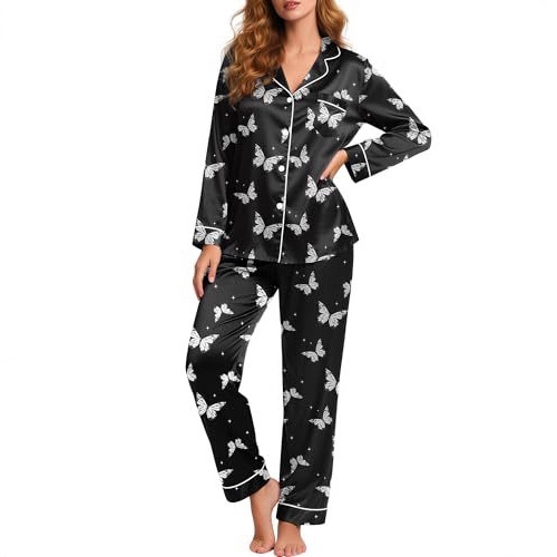 Women's Cuban Collar Butterfly Christmas Sock & Hat Print Long Sleeve Shirt Set