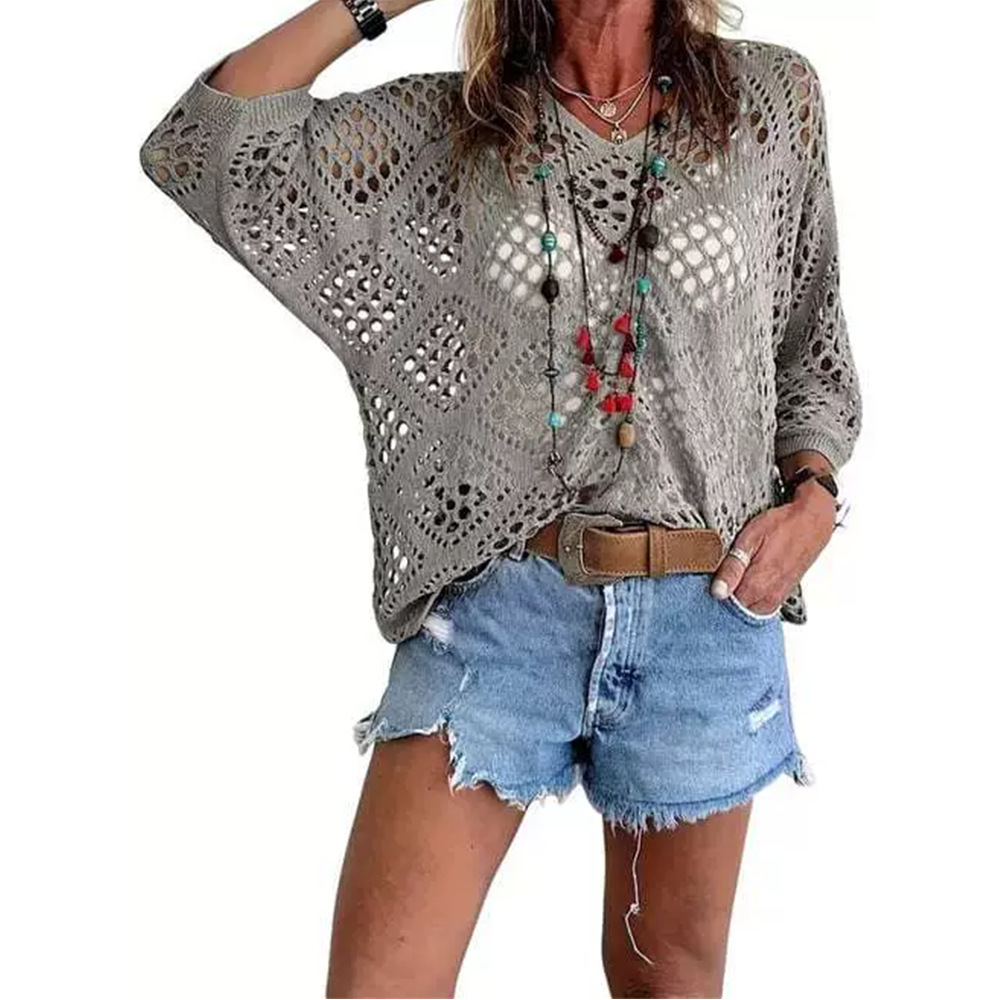 V-Neck Diamond Openwork Batwing Sleeve Women's Knit Top