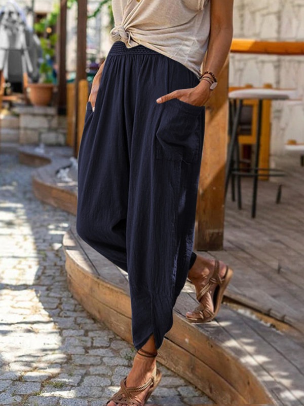 Women's Cotton Linen Wide Leg Harem Pants Casual Beach Trousers