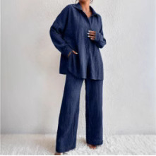 Women's Pleated Long Pants Long Sleeve Lapel Elegant Set