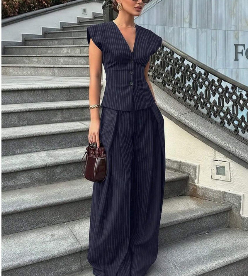 V-Neck Sleeveless Wide-Leg Pants Set Slimming Waist Office Casual