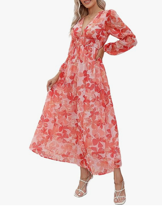 Bohemian Deep V-Neck Floral High-Waist Long-Sleeve Midi Dress