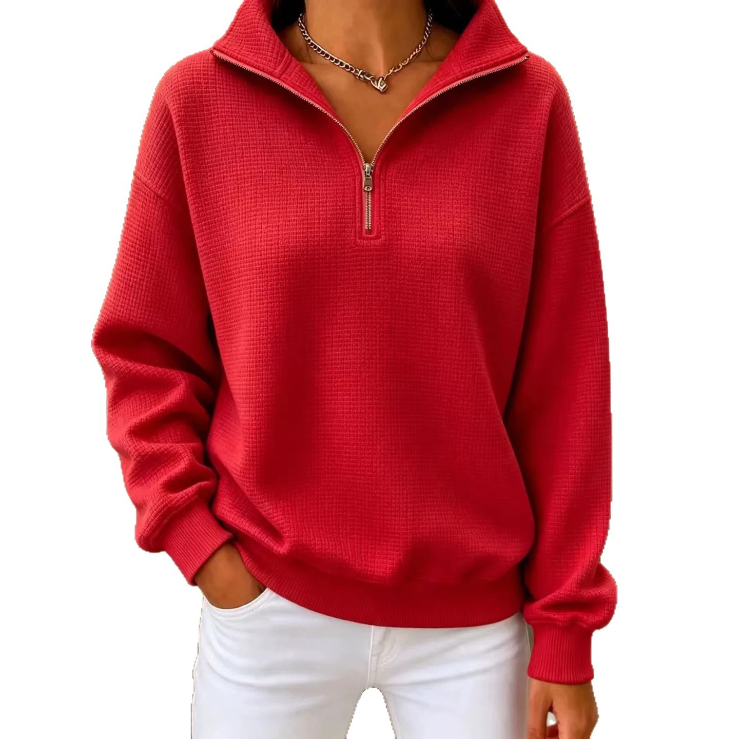 Women's Waffle Knit Solid Stand Collar Zip-Up Long Sleeve Sweatshirt