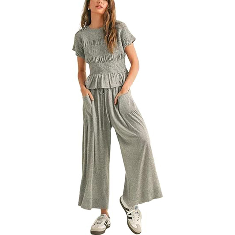 Women's Solid Color Smocked High Waist Wide Leg Pants Short Sleeve Casual Two-Piece Set