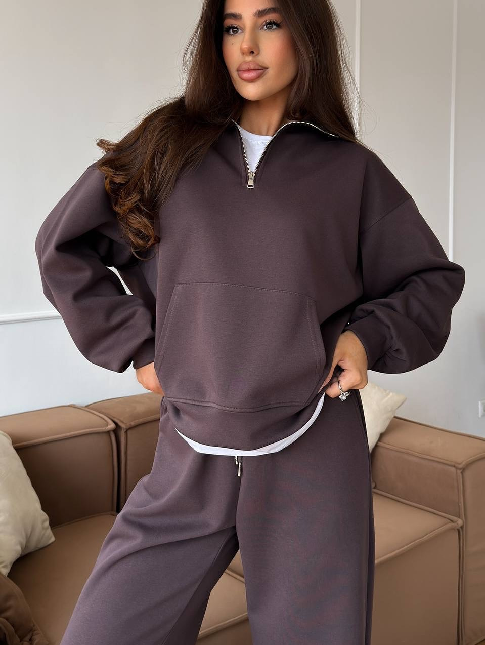 Women's Cotton Blend Zip Collar Pullover Hoodie and Wide-Leg Pants Two-Piece Set
