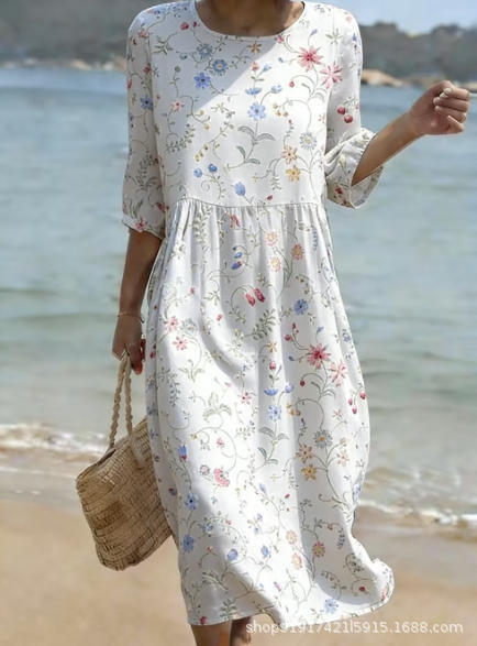 Women's Floral Print Ruched Midi Dress with Half Sleeves