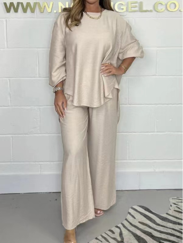 Acetate Satin Wide-Leg Pants Set with Lantern Sleeve Top