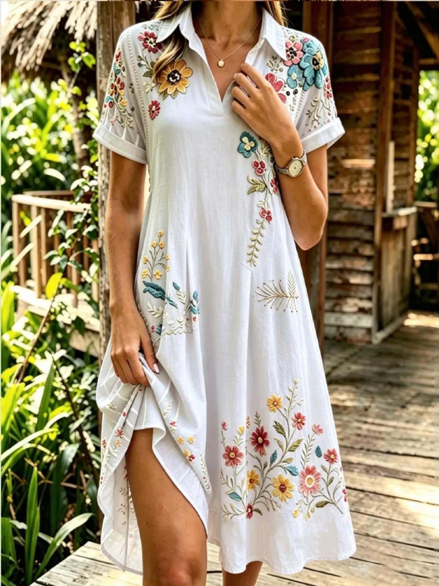 Women's Floral Print Casual Midi Dress Short Sleeve Deep V-Neck Slim Fit