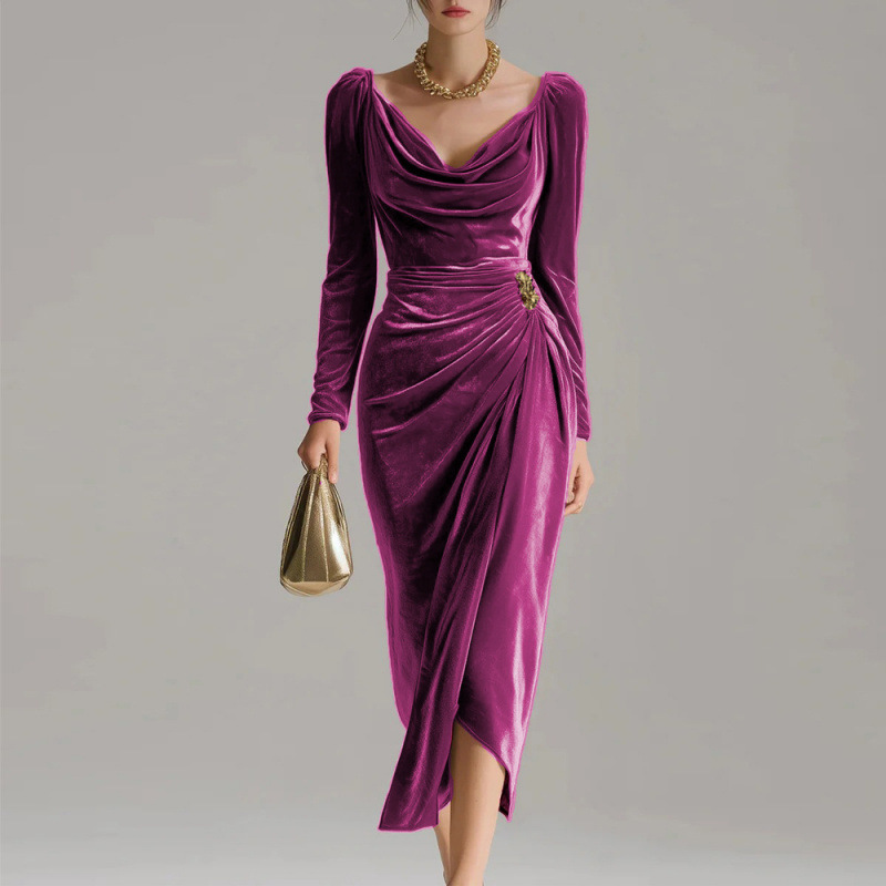 Women's Velvet Long Sleeve Ruched High Slit Bodycon Dress
