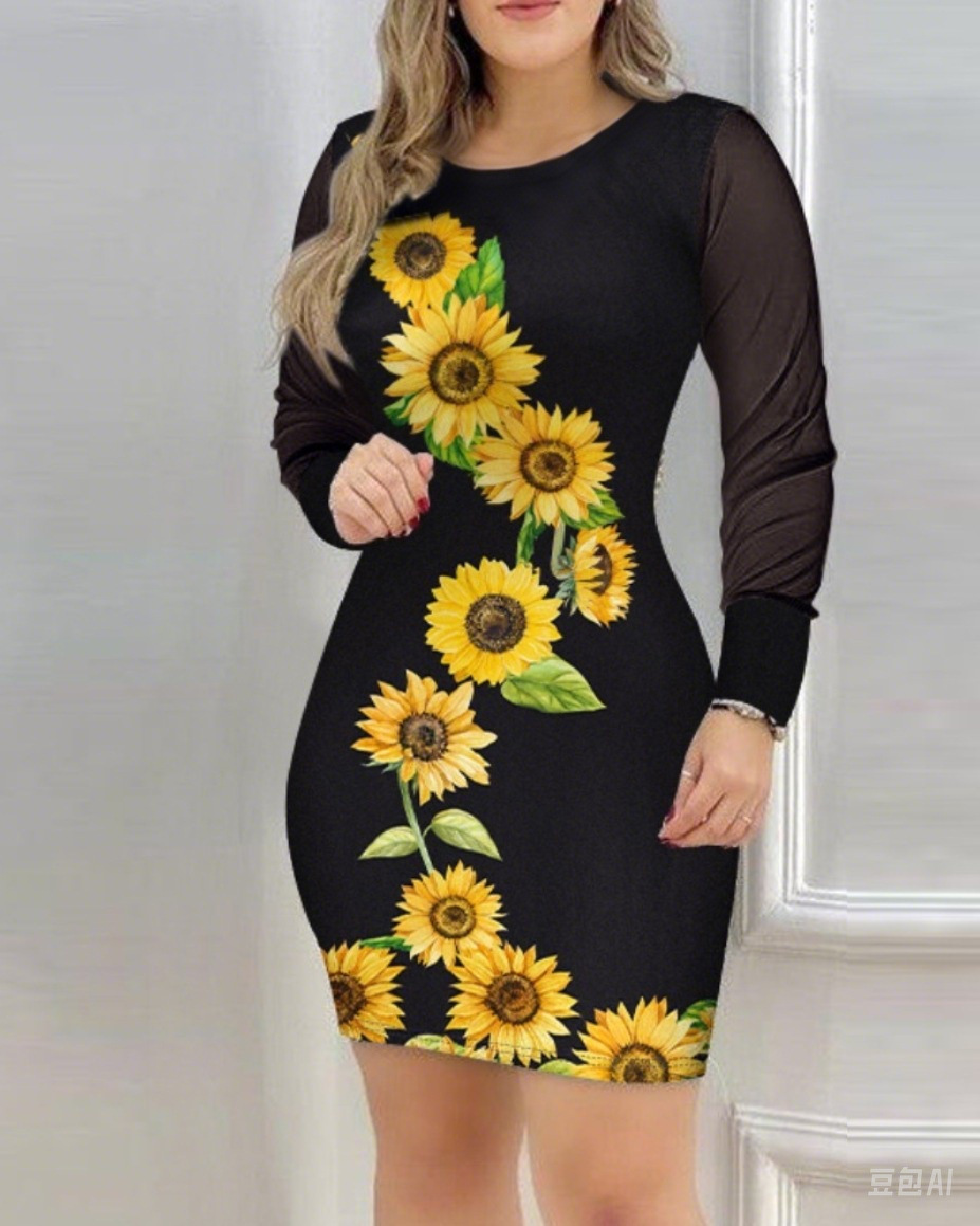 Women's Mesh Long Sleeve V-Neck Slim Fit Floral Print Dress