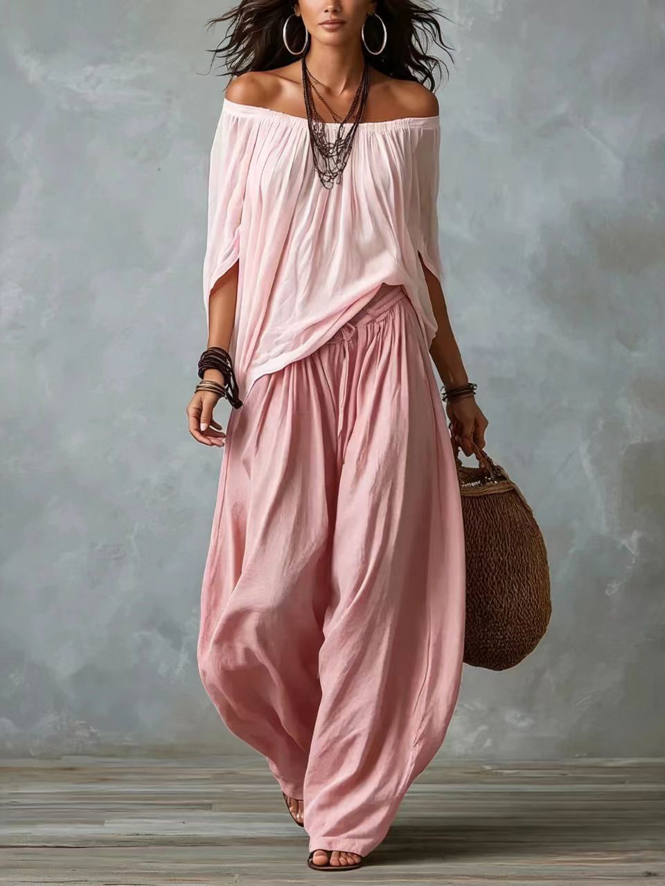Women's Off-Shoulder Top and Wide-Leg Pants Set Casual Two-Piece Outfit
