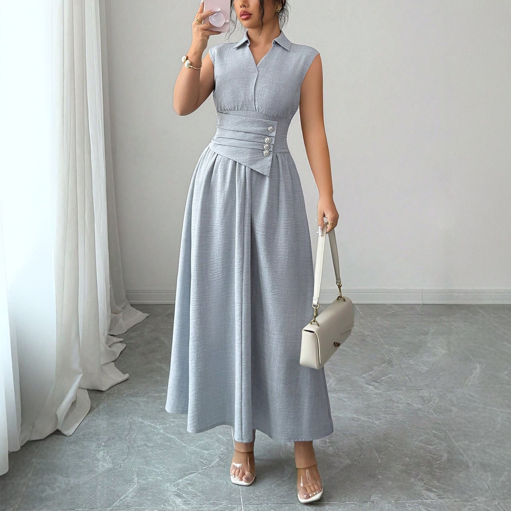 V-Neck Sleeveless Ruffle A-Line Midi Dress
