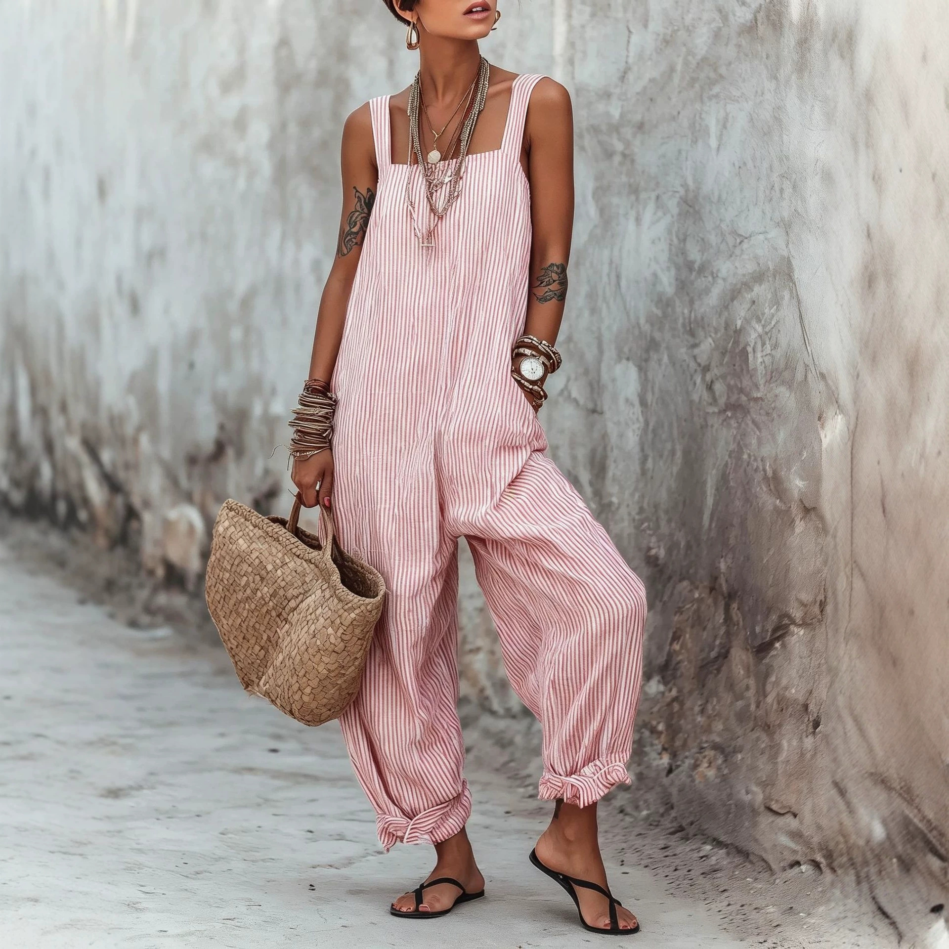 Women's Sleeveless Striped Print Loose Casual Jumpsuit
