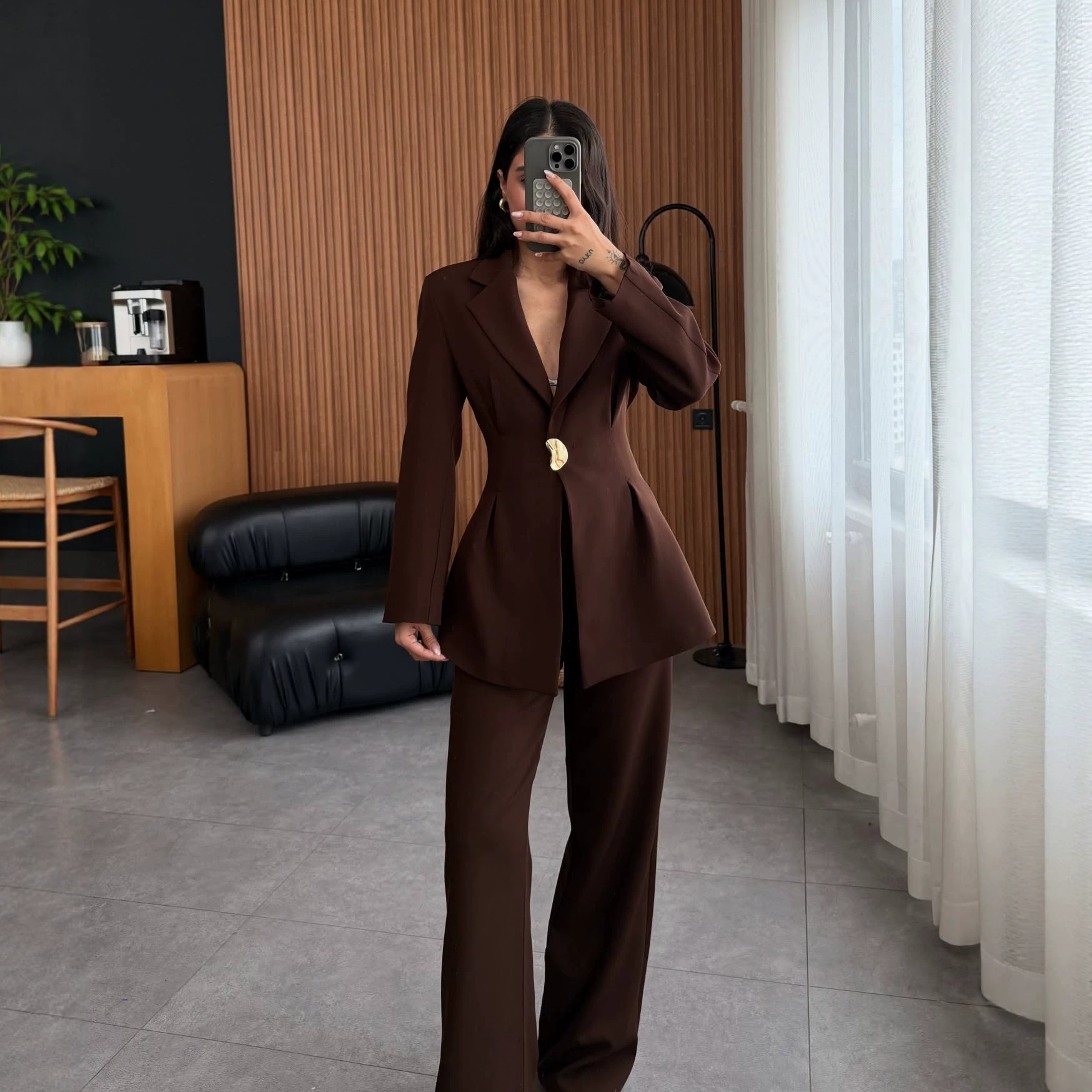 Women's Waist-Cinching Blazer and Pants Set Solid Color Commuter Suit