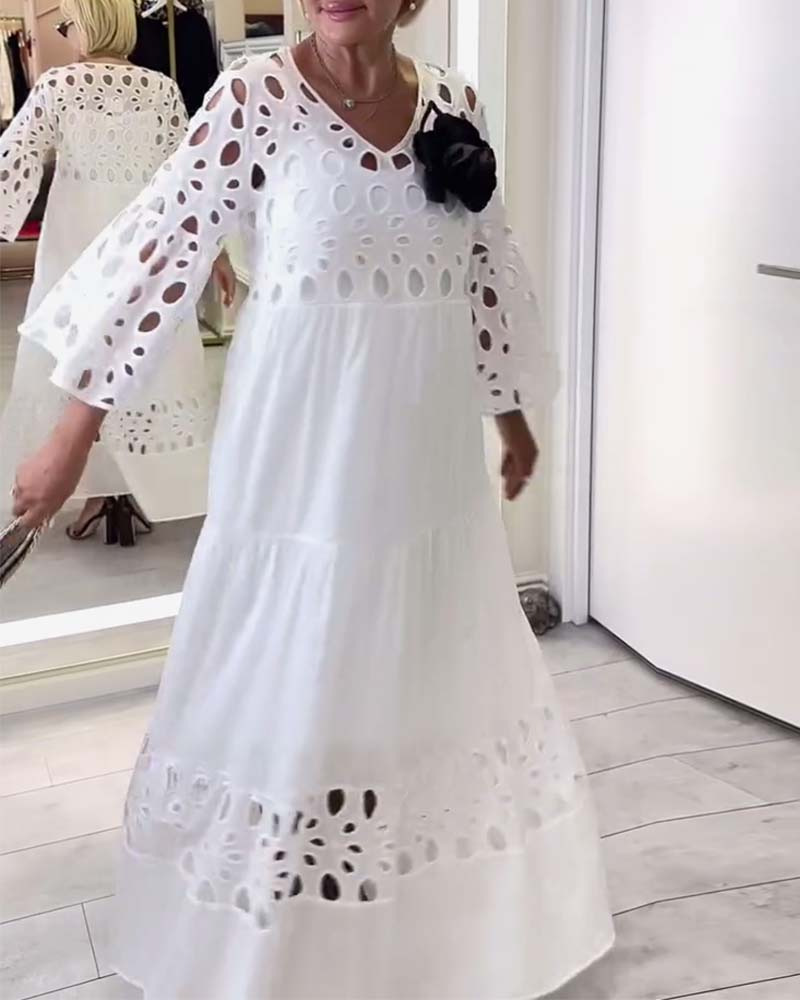 Women's V-Neck Lace Cutout Long Dress