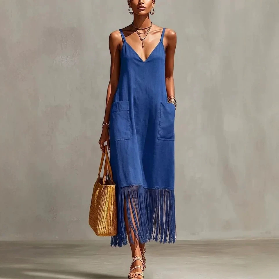 Bohemian Fringe Hem Sleeveless A-Line Long Dress
