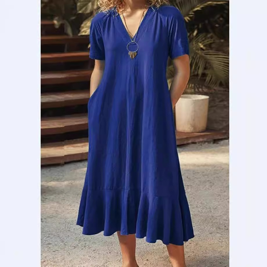 Women's Solid V-Neck Tie Short Sleeve A-Line Long Dress
