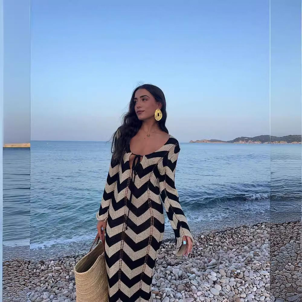Reversible Lace-Up Cutout V-Neck Long Sleeve A-Line Beach Dress
