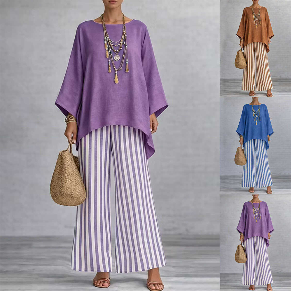 Women's Striped Print Cotton-Blend Two-Piece Set with Loose Collared Top and High-Waist Wide-Leg Pants