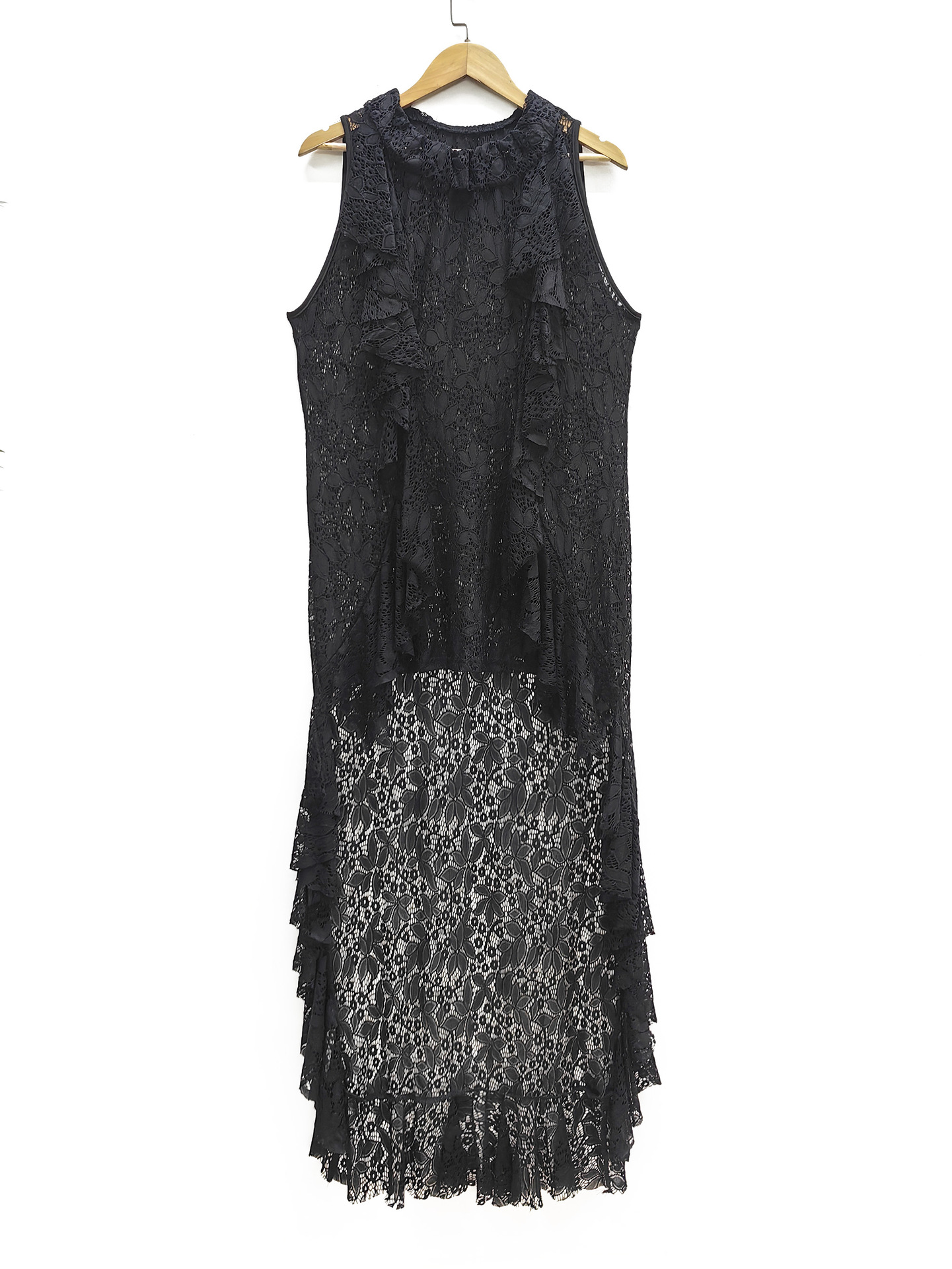 Plus Size Lace Sweep Train Dress Sleeveless Sheer Ruffled Collar Asymmetrical