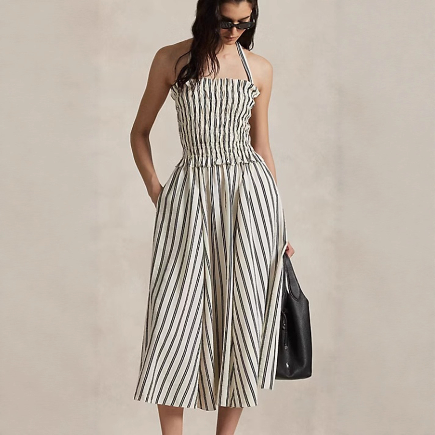 Women's French Striped Off-Shoulder Halter Sleeveless Waist-Cinching Slimming Dress