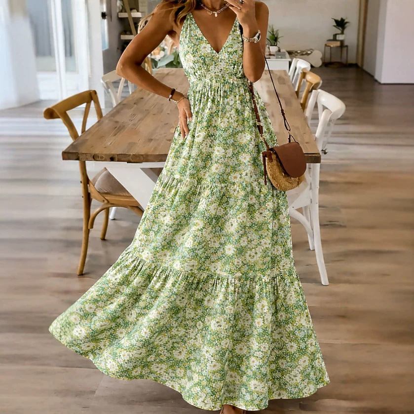 Elegant Floral V-Neck Sleeveless Midi Dress