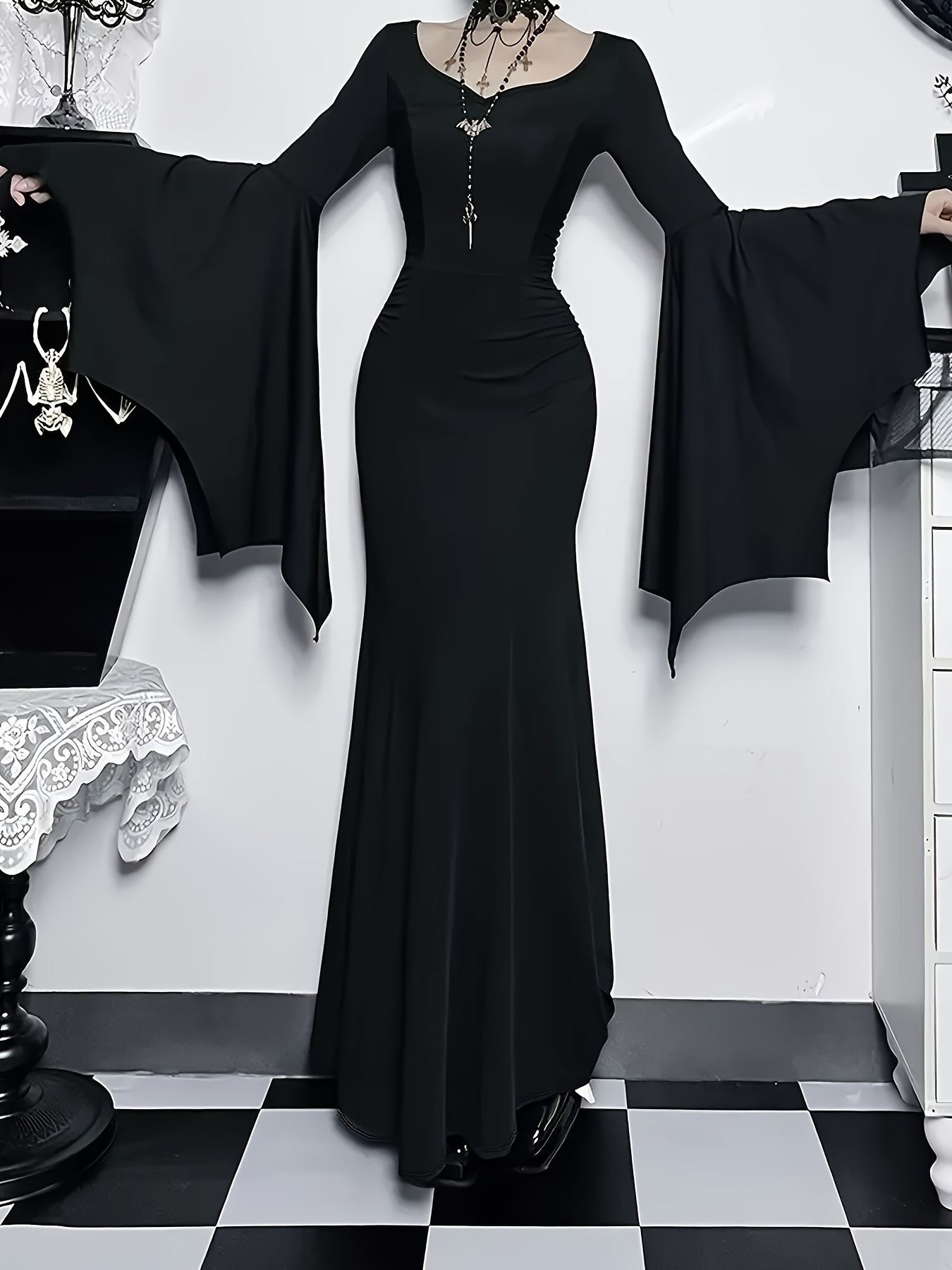 Gothic Bodycon Mermaid Dress with Batwing Sleeves