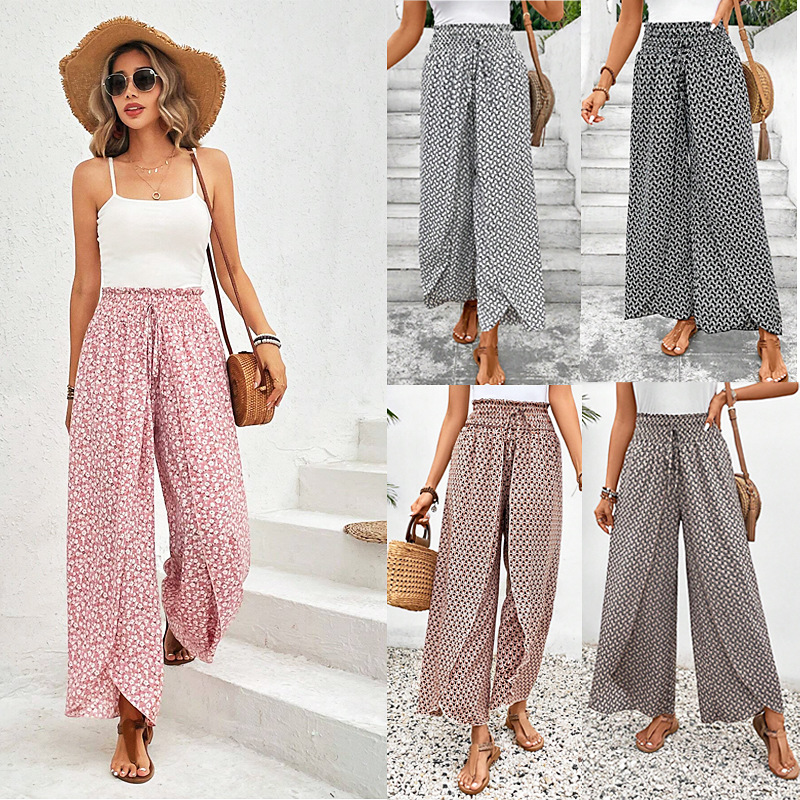 Floral Wide-Leg Skirt Pants with Side Slit
