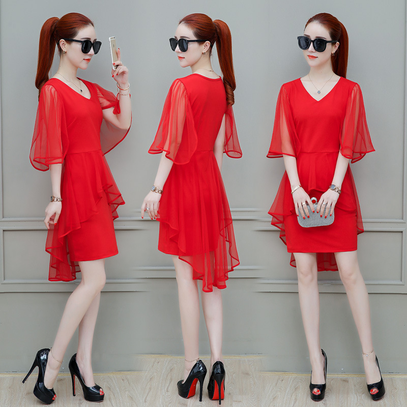 French Chiffon Dress Women's Summer V-Neck A-Line Midi Dress with Mesh Panels