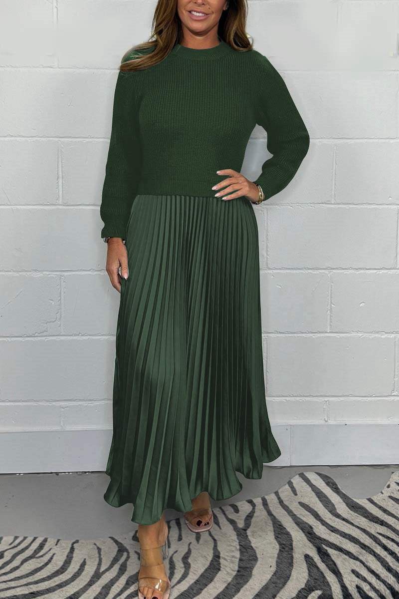 Women's Solid Color Knit Long Sleeve Pleated A-Line Dress