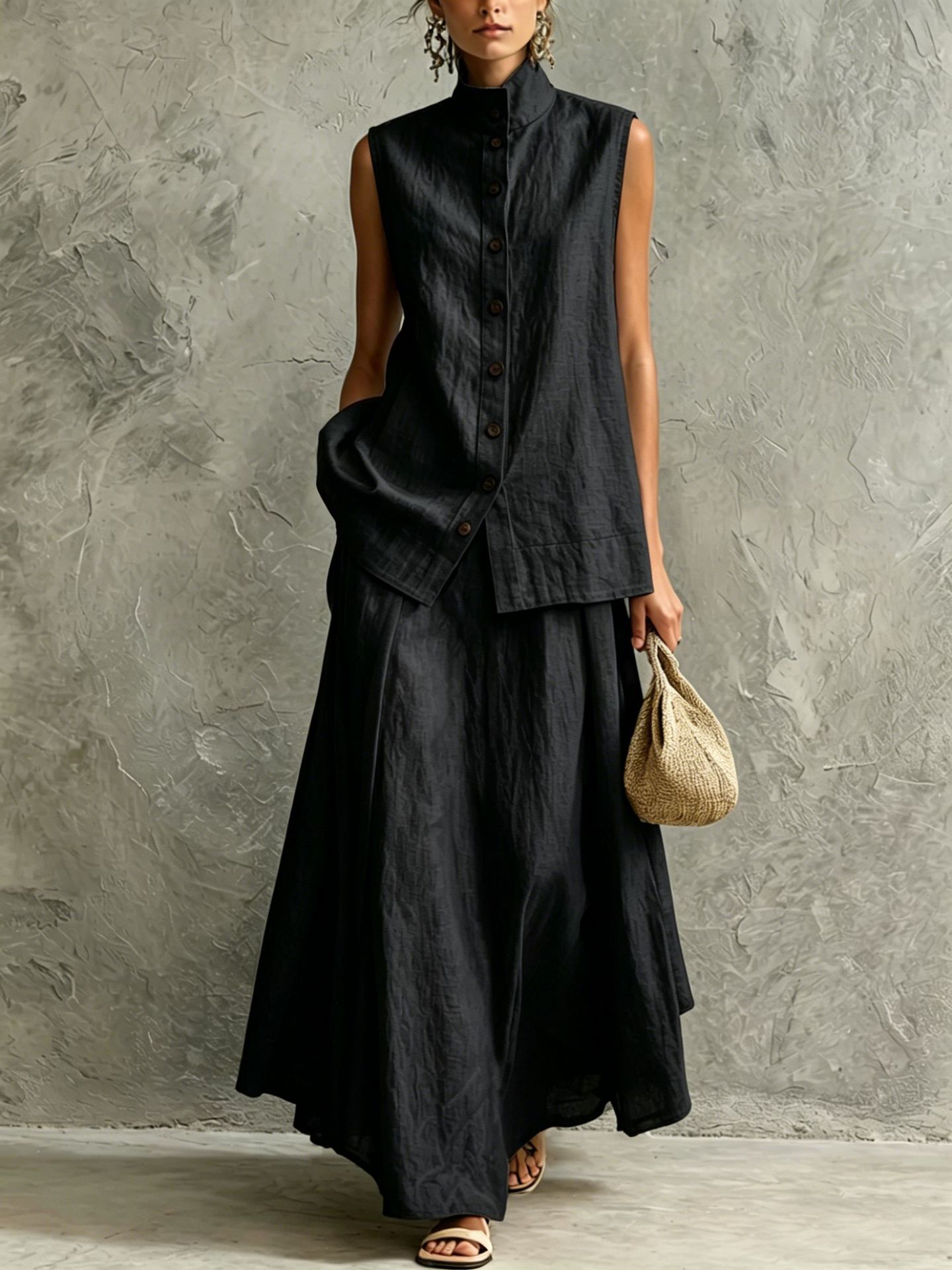 Women's Solid Color Button-Down Shirt and Midi Skirt Set