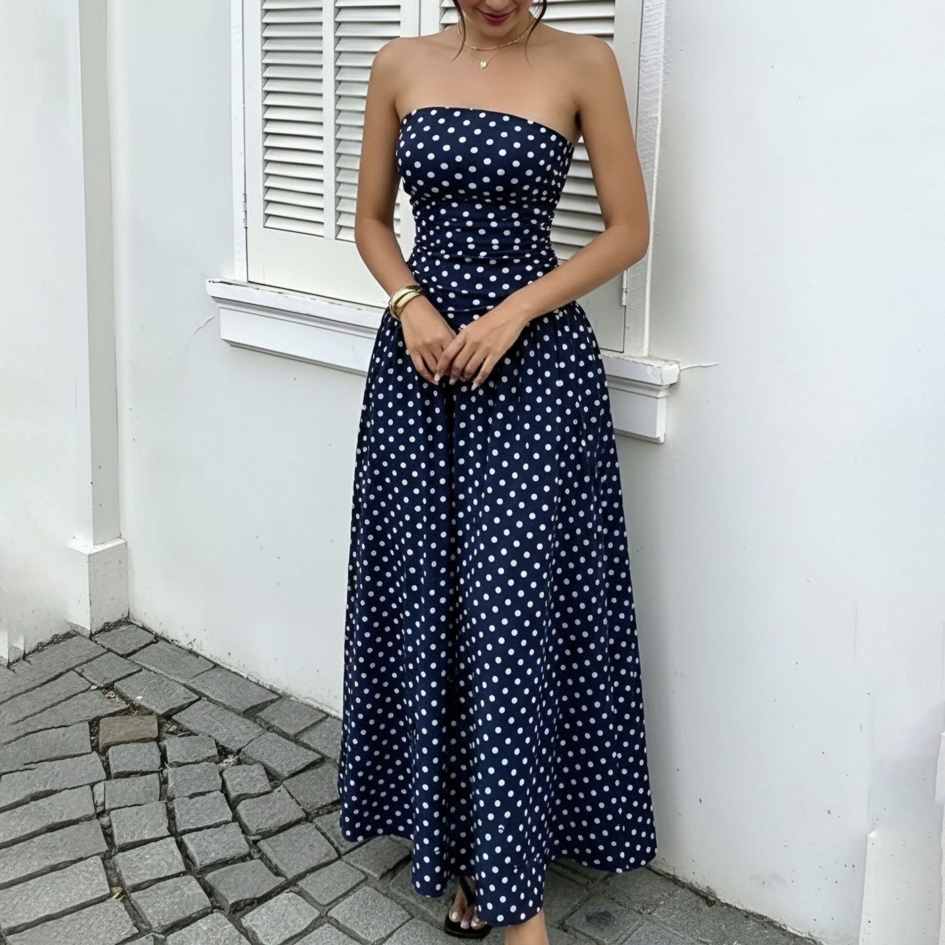 Women's Strapless Polka Dot French Vintage Bodycon Midi Dress