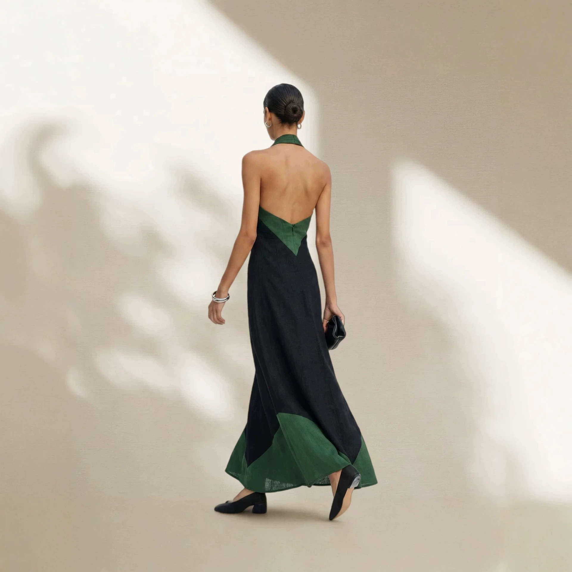 Color-Block Halter Neck Linen-Blend Off-Shoulder A-Line Maxi Dress