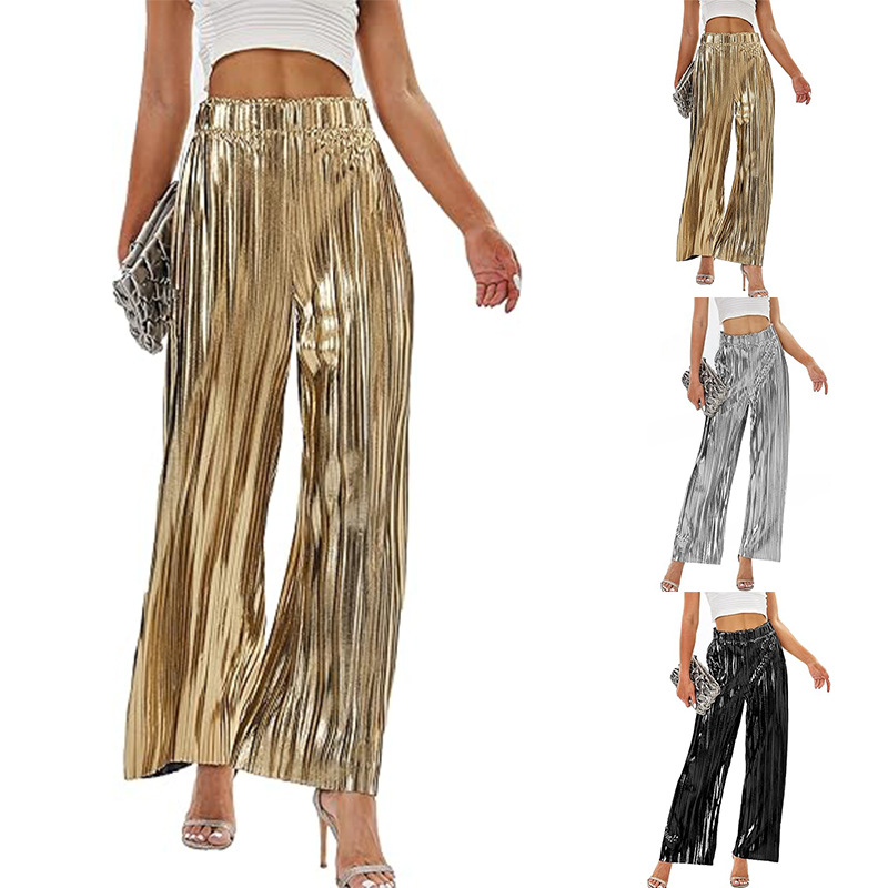 Shiny Pleated High-Waist Wide-Leg Party Pants