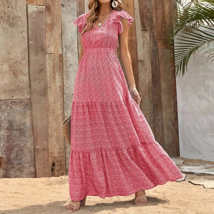 V-Neck High-Waist Floral Print Tiered Short-Sleeve Maxi Dress