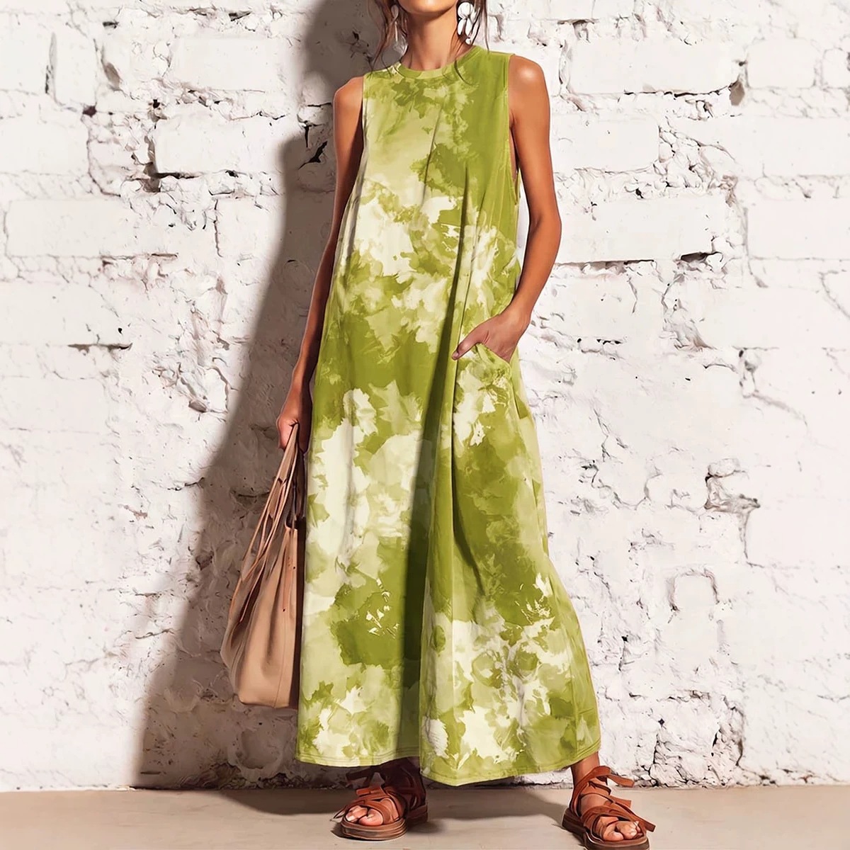Women's Summer Round Neck Dress Solid Color Pocket Casual Straight Midi