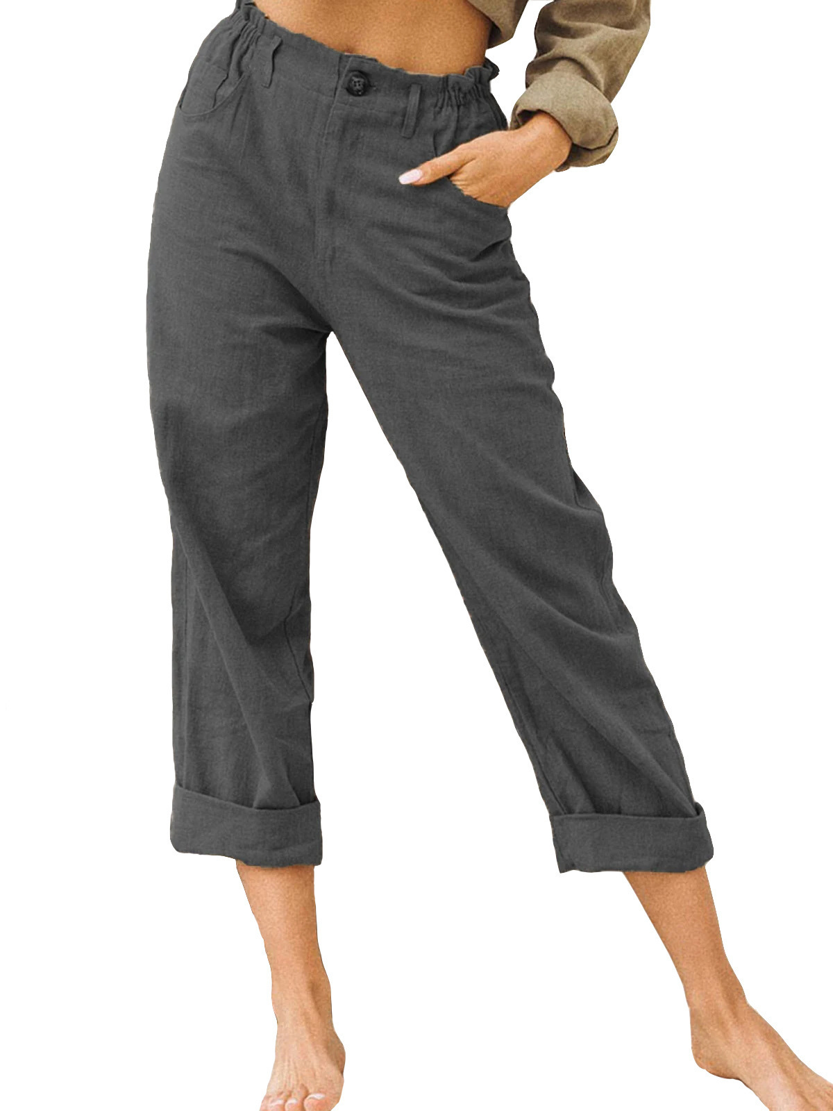 Women's Cotton-Linen High-Waist Straight-Leg Casual Pants