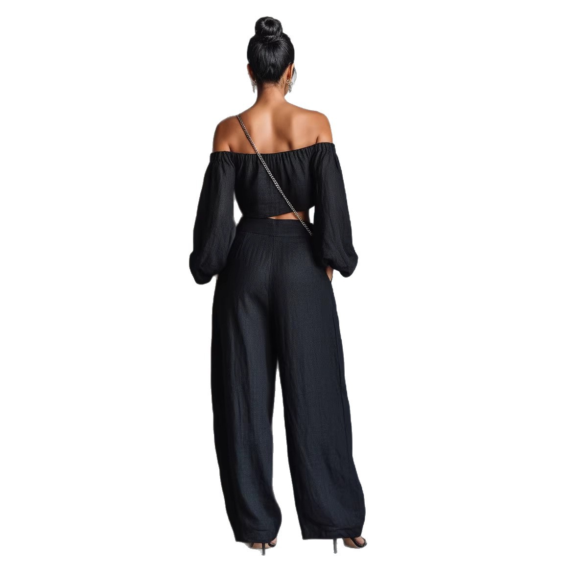 Women's Off-Shoulder Short Top and Wide-Leg Pants Set
