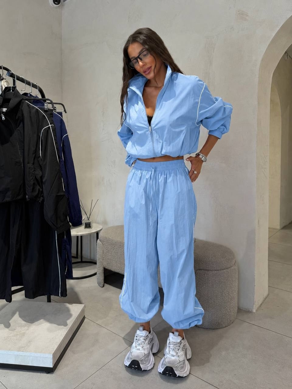 Colorblock Zip-Up Cropped Jacket and Jogger Pants Set