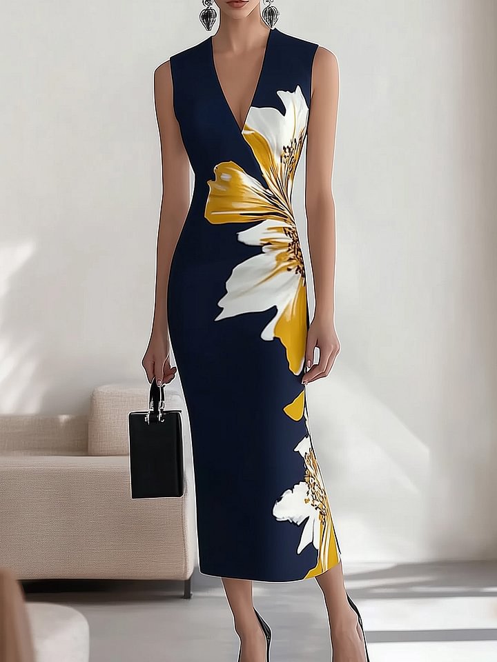 V-Neck Sleeveless Digital Print Maxi Dress
