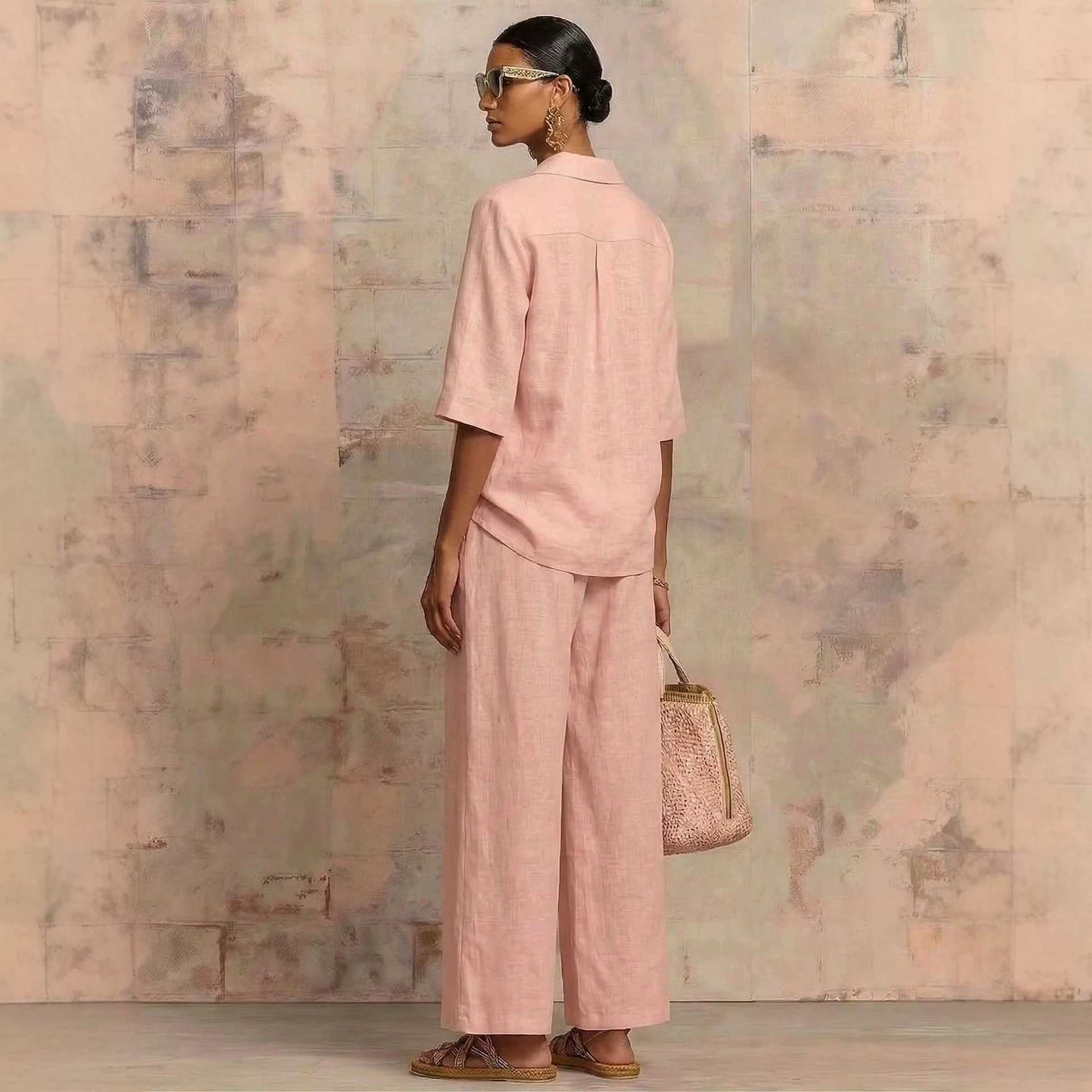 Women's Casual Solid Button Crew Neck Wide Leg Pants Set