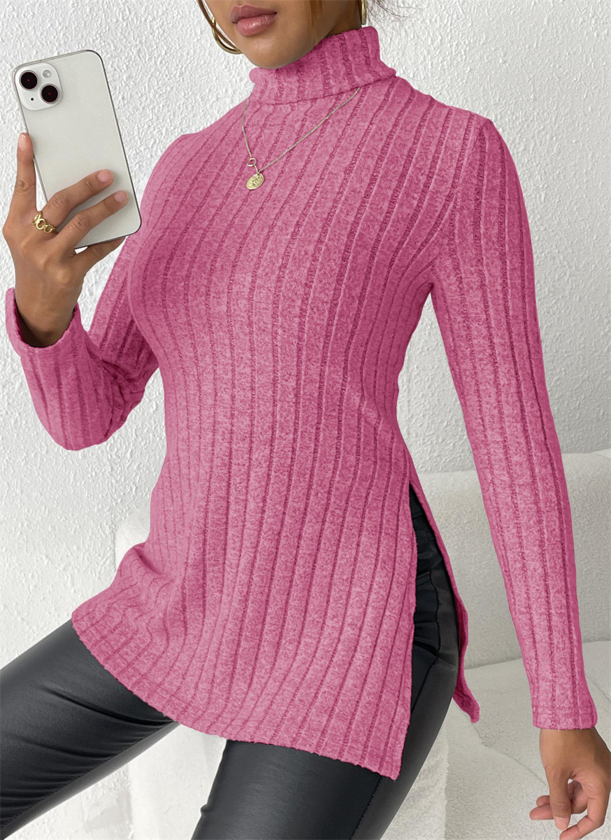 High Neck Slim Fit Split Hem Long Sleeve Midi Sweater