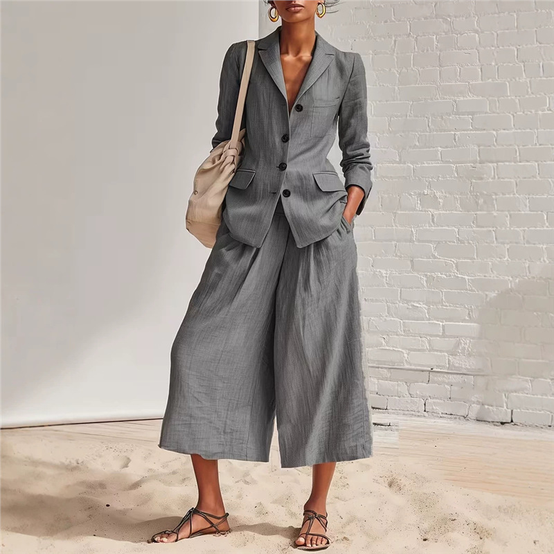 Elegant Linen-Blend Blazer & Wide-Leg Pants Set