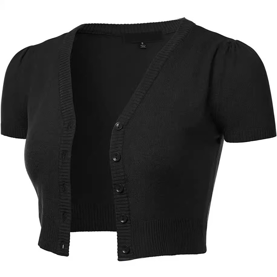 Short Solid V-Neck Button-Front Cardigan Top