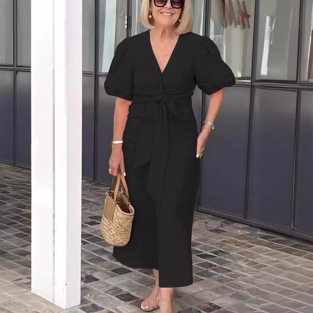 V-Neck Tie-Front Bubble Sleeve Cotton Dress