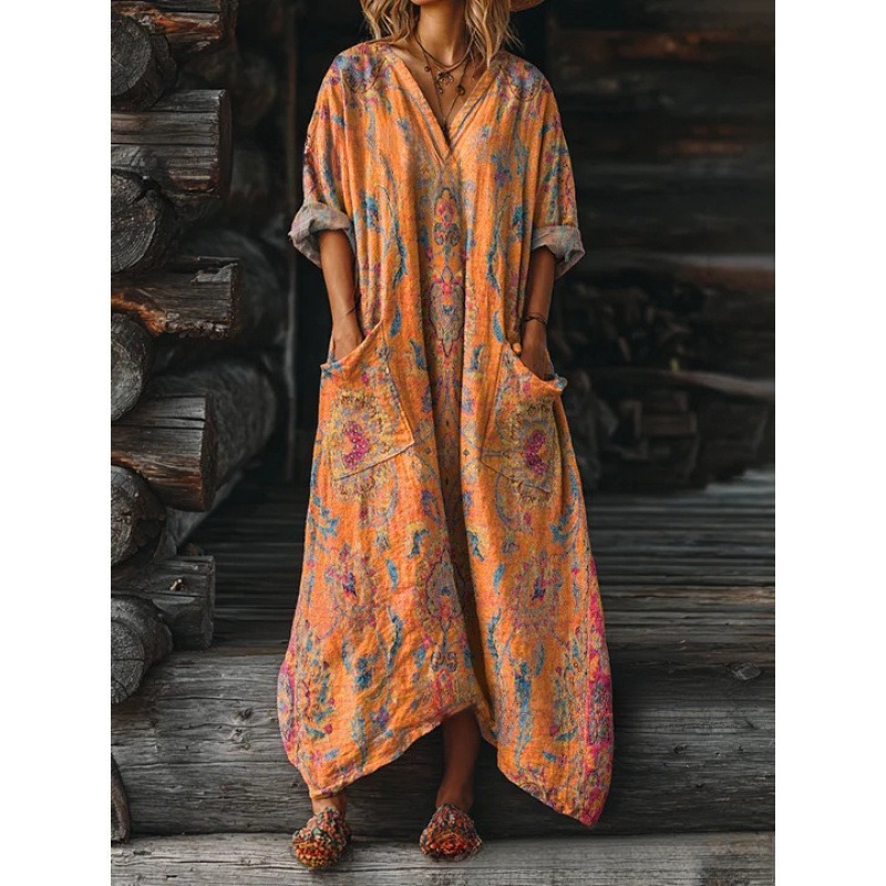 Women's Floral Ripple Print V-Neck A-Line Midi Dress Long Sleeve