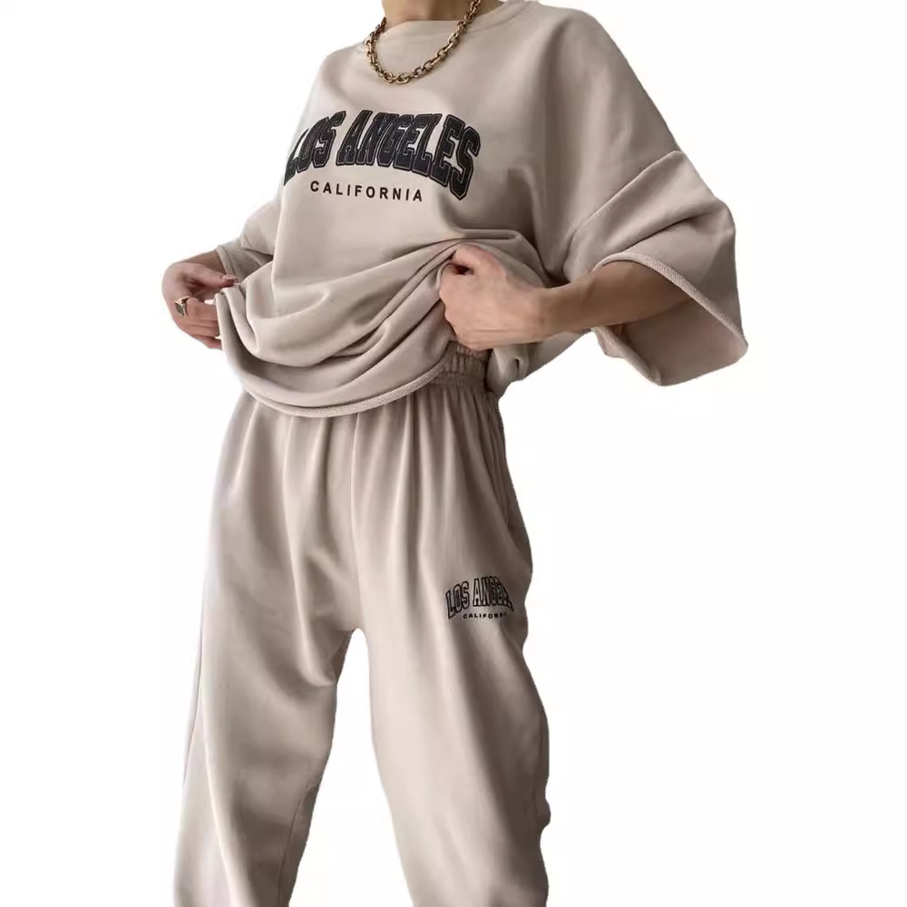 Women's Casual Print Short Sleeve Sweatshirt and Pants Two-Piece Set